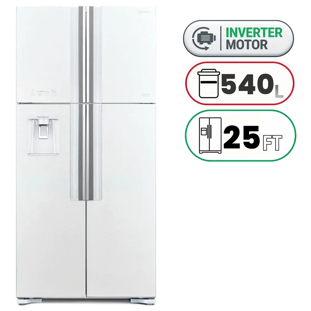 Hitachi R-W760PUQ7 French Door Refrigerator - 540 L - 25 Ft - Inverter - Glass Pure White